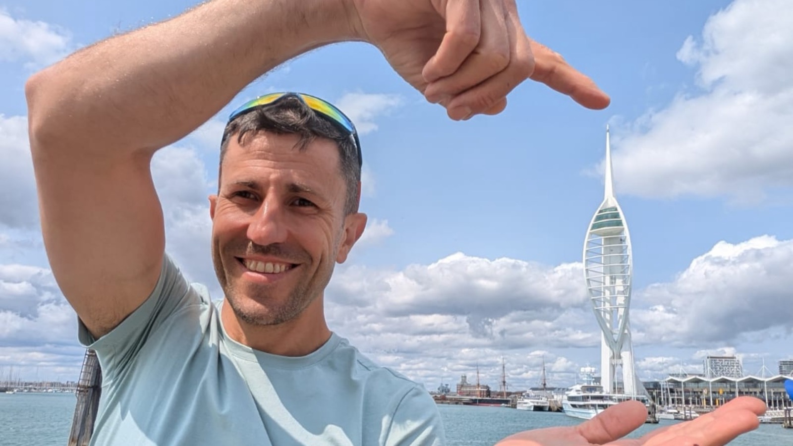Antoni Dimitrov in front of the Spinnaker Tower before the charity abseil